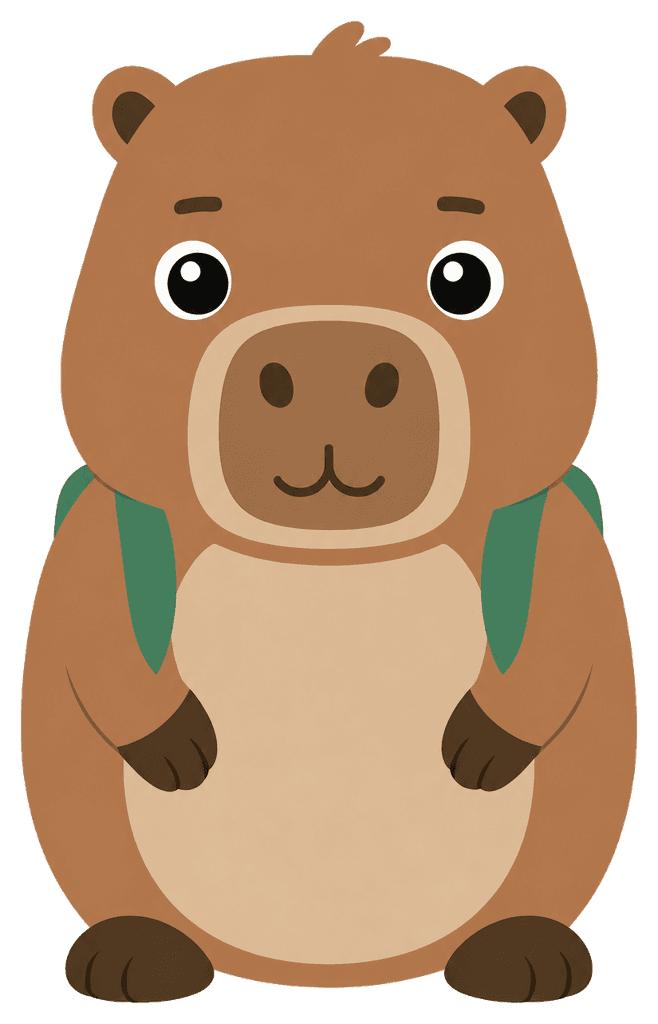Ordo, the Ordara capybara, standing with a green backpack